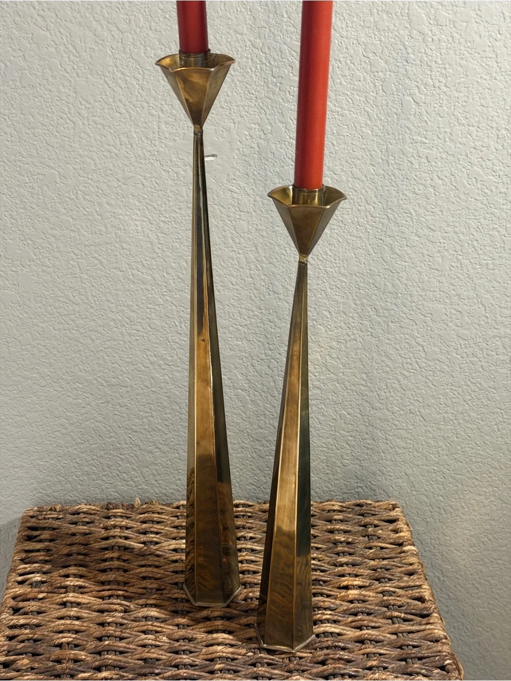 Vintage Mid Century Mexican Candlesticks 19.5 & 15” Brass Tin Pair Weighted Sand